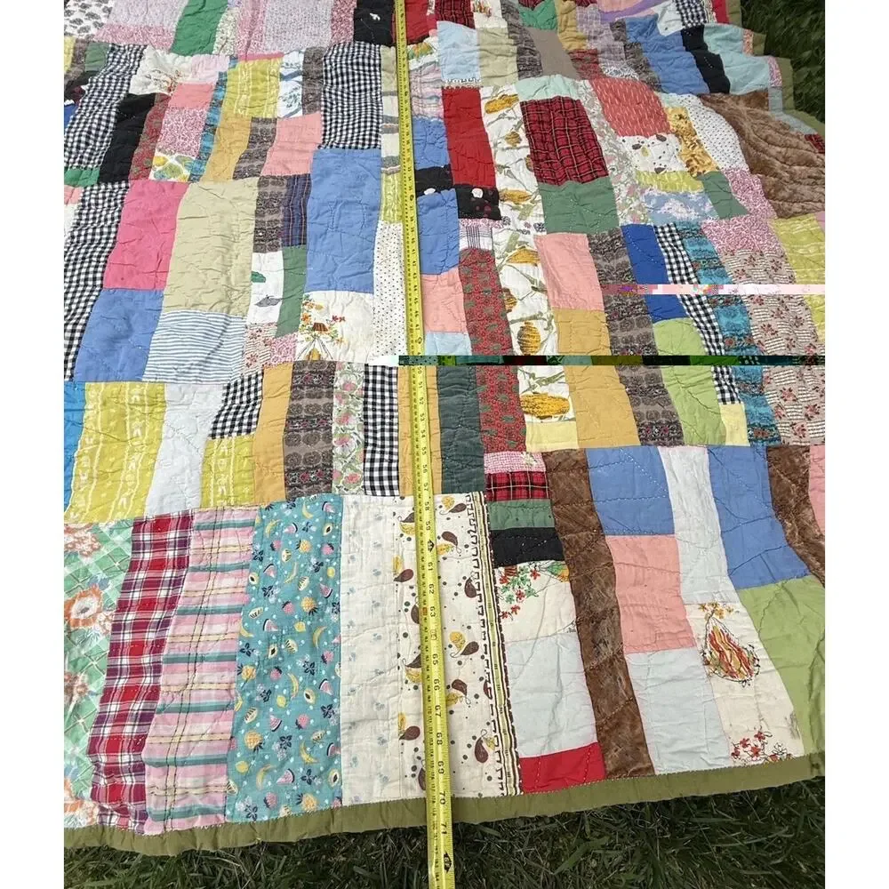 Antique Vintage 1930’s CRAZY QUILT Multi-Color Feed Sack Olive Green Back